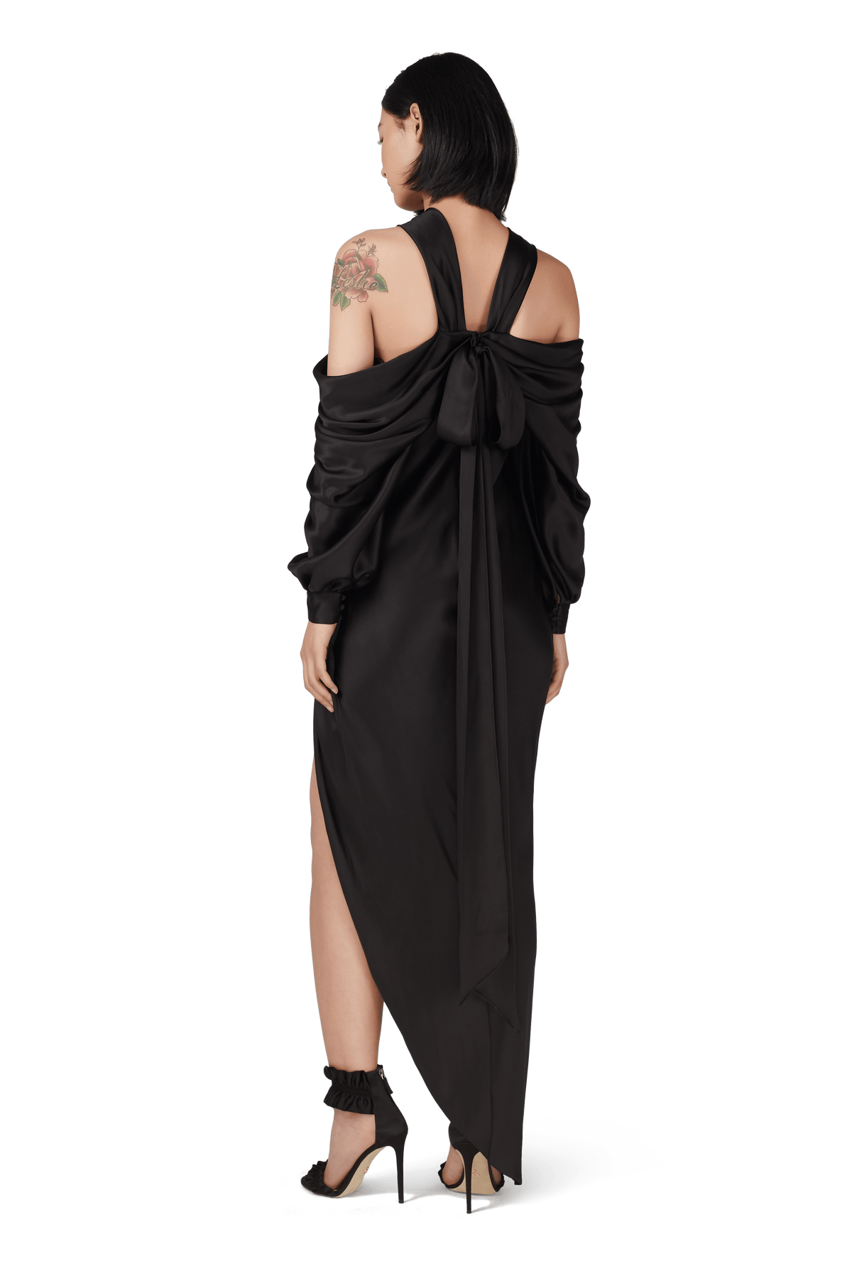 Black Double Silk Satin Off The Shoulder Draped Dress